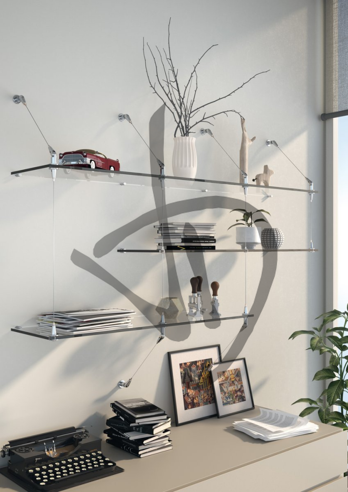 Produits sur mesure - Étagères et tablettes en verre - Étagères en verre transparent, sur mesure - Étagères en verre transparent, fabriquées sur mesure avec supports d&#39;étagères