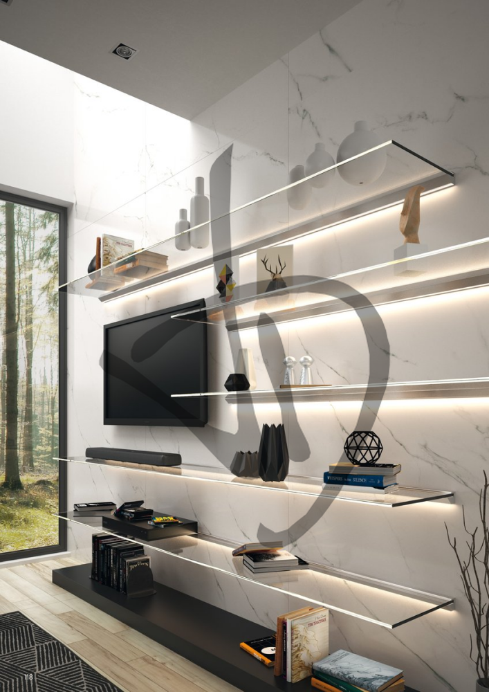 Produits sur mesure - Étagères et tablettes en verre - Étagères en verre transparent, sur mesure - Étagères en verre transparent sur mesure avec éclairage LED