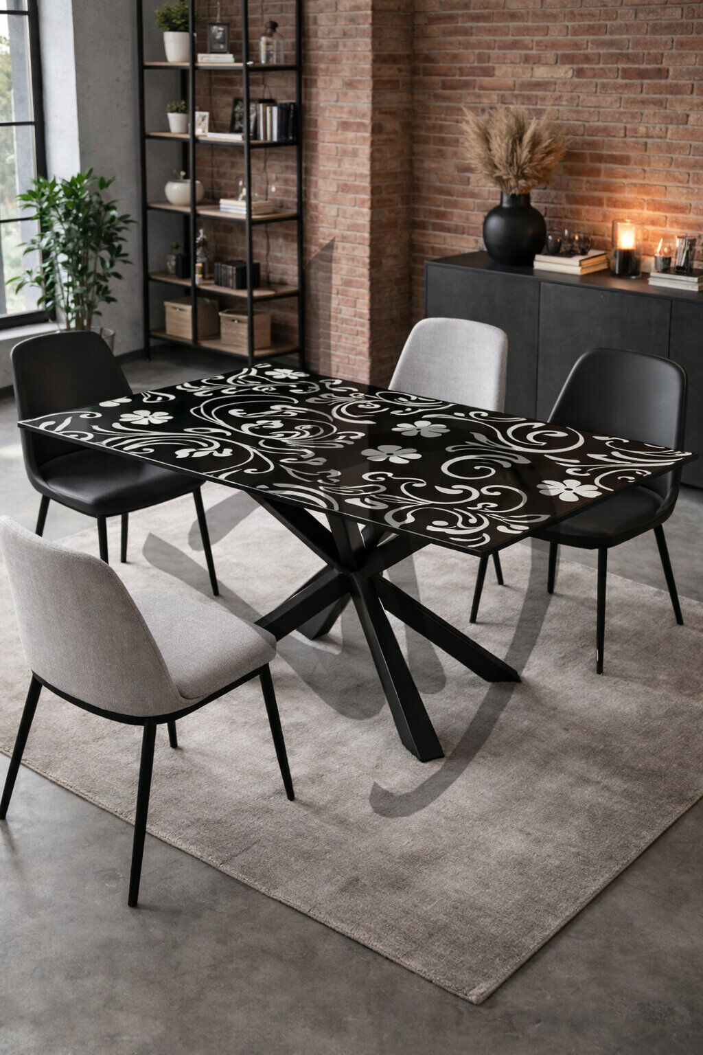 Tavolo in vetro con decoro vintage e struttura in ferro 1 - Tables et bureaux en verre