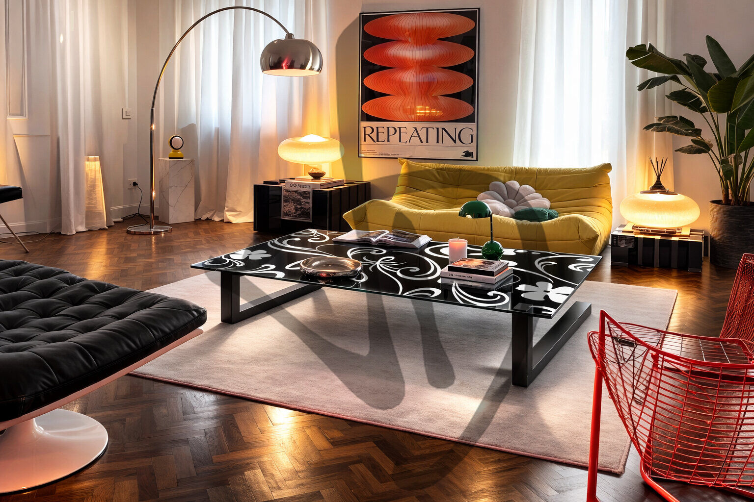 Tavolo in vetro con decoro vintage e struttura in ferro 2 - Tables et bureaux en verre